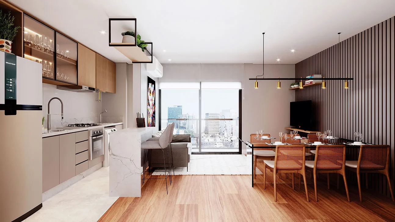 Edificio Grand Palermo - Capão Raso - Curitiba, Construtora Ruon e Thal Engenharia, Imagem interna cozinha e sala de jantar com vista para a cidade.